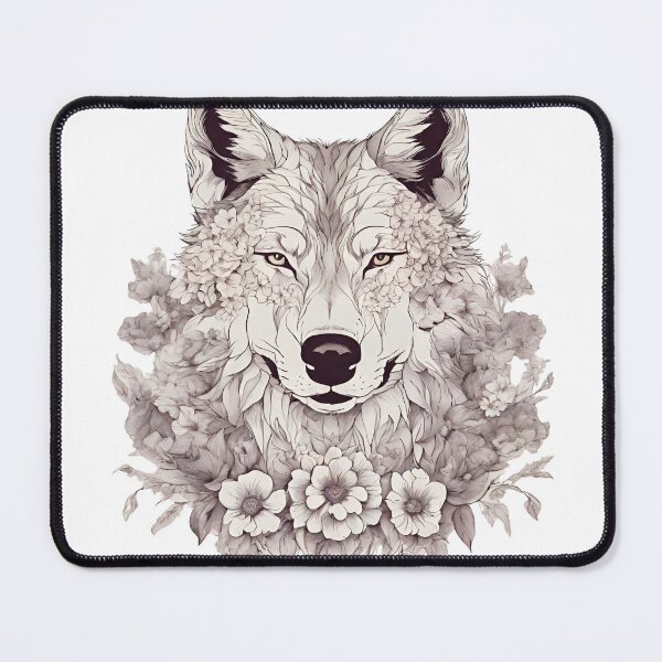Item preview,  Wolf floral pattern wild life  black and white  designed and sold by CyberArtistOne.