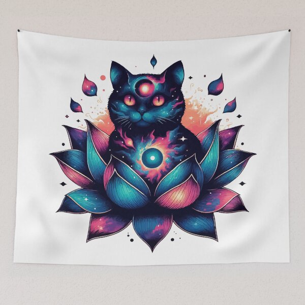 Item preview, Colorful Abstract Cosmic Cat in Lotus Flower designed and sold by TomFrontierArt.