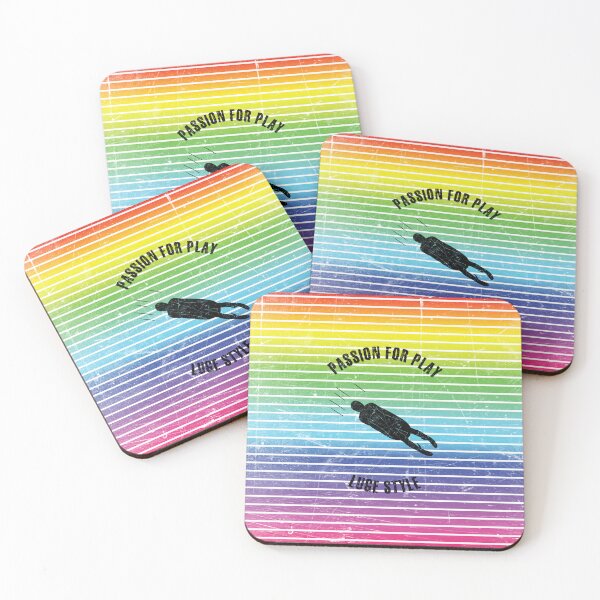Item preview, Black silhouette of a luge runner against the background of rainbow stripes designed and sold by HarridanCreates.