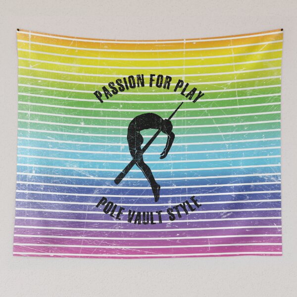 Item preview, Black silhouette of a pole vaulter against the background of rainbow stripes designed and sold by HarridanCreates.