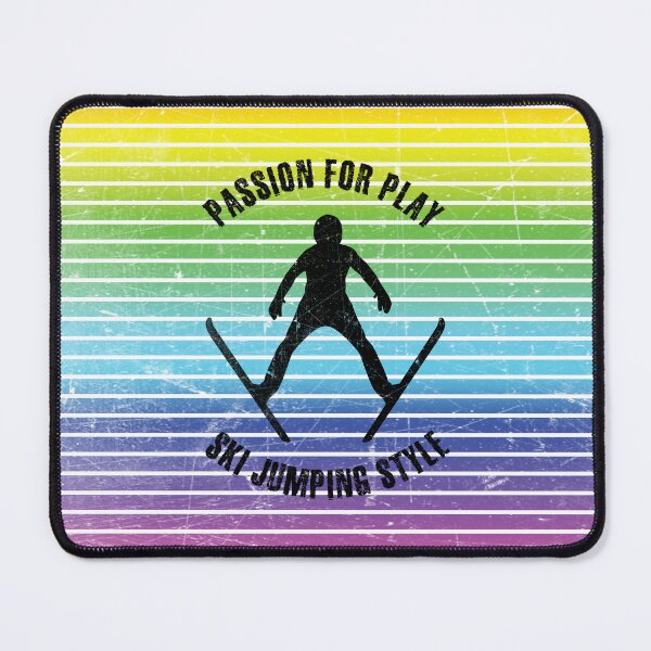 Item preview, Black silhouette of a ski jumper against the background of rainbow stripes designed and sold by HarridanCreates.