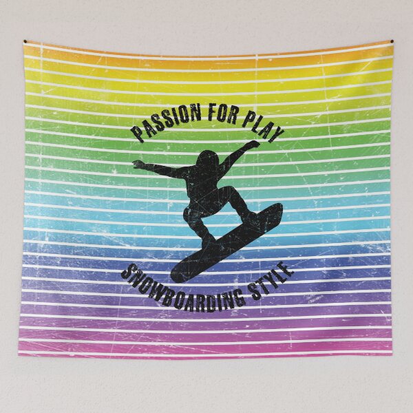 Item preview, Black silhouette of a snowboarder against the background of rainbow stripes designed and sold by HarridanCreates.