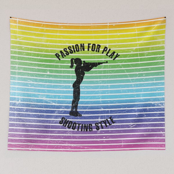 Item preview, Black silhouette of a female shooter against the background of rainbow stripes designed and sold by HarridanCreates.