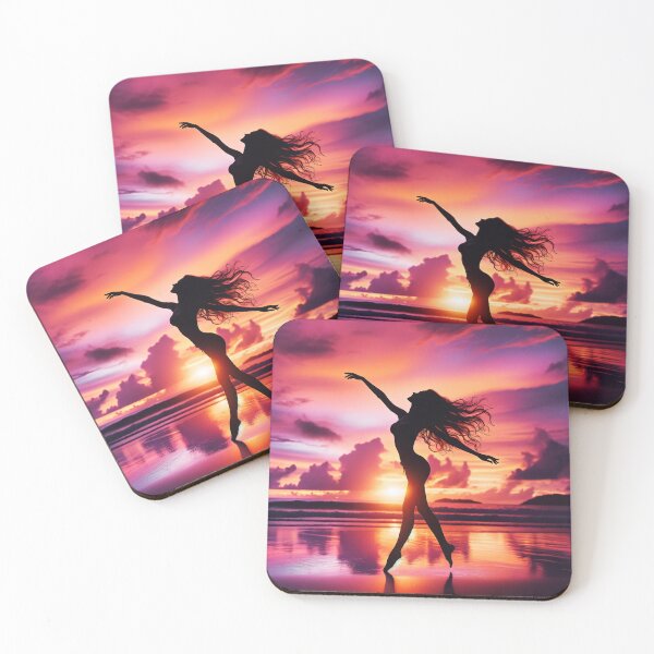 Item preview, Woman dancing freely on a beach at sunset, her form outlined against the vibrant colors of the sky designed and sold by AndreaMart.