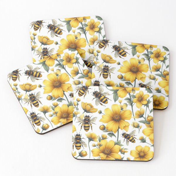 Item preview, Yellow flowers pattern with bees, watercolor designed and sold by asbno19.