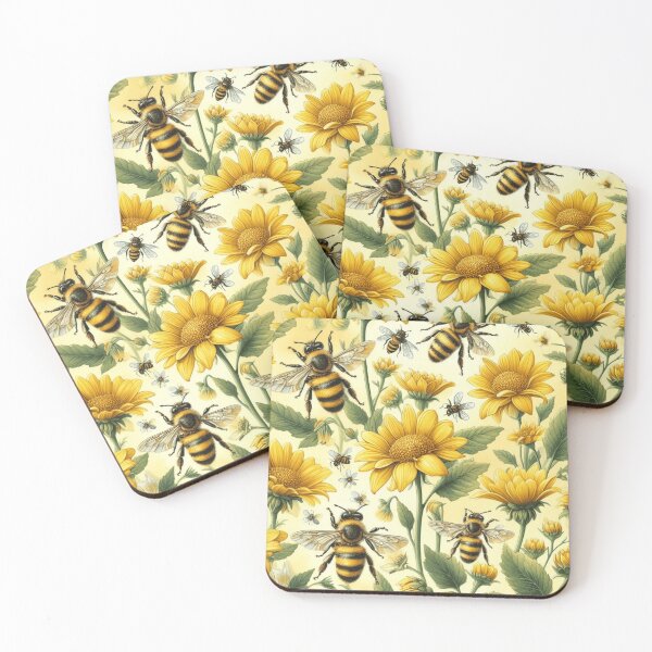 Item preview,  Yellow flowers pattern with bees, watercolor designed and sold by asbno19.