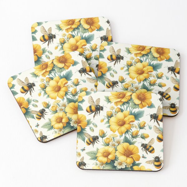 Item preview, Yellow flowers pattern with bees, watercolor designed and sold by asbno19.