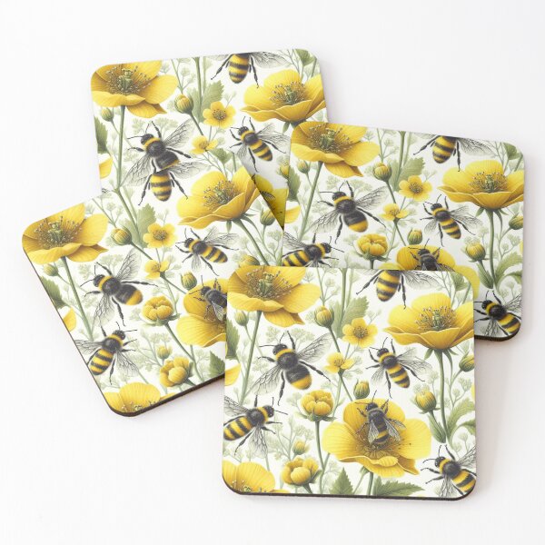 Item preview, Yellow flowers pattern with bees, watercolor designed and sold by asbno19.