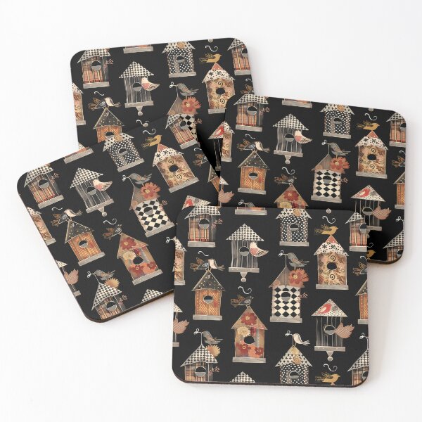 Item preview, Rustic Charm: Folk Art Birdhouses and Birds on Black Background designed and sold by David Balzen.