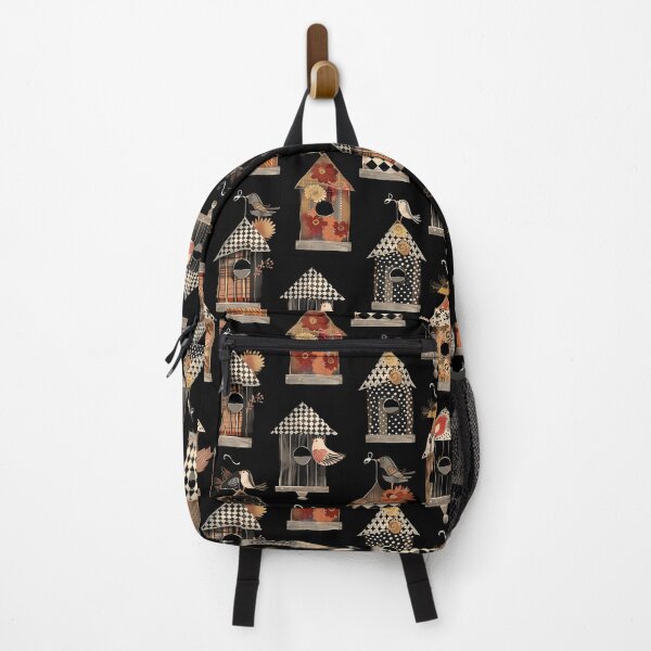 Item preview, Rustic Charm: Folk Art Birdhouses and Birds on Black Background designed and sold by David Balzen.