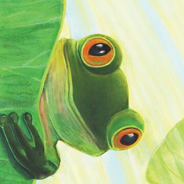 Artwork thumbnail, Cute Green Frog Peeping out From Behind Lily Pad Illustration by Julia Doria