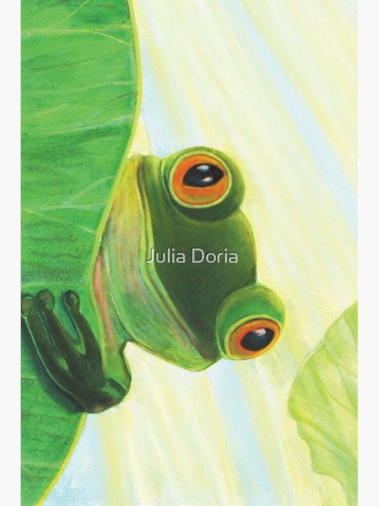 Thumbnail 3 of 3, Sticker, Cute Green Frog Peeping out From Behind Lily Pad Illustration designed and sold by ArtJuliaDoria.