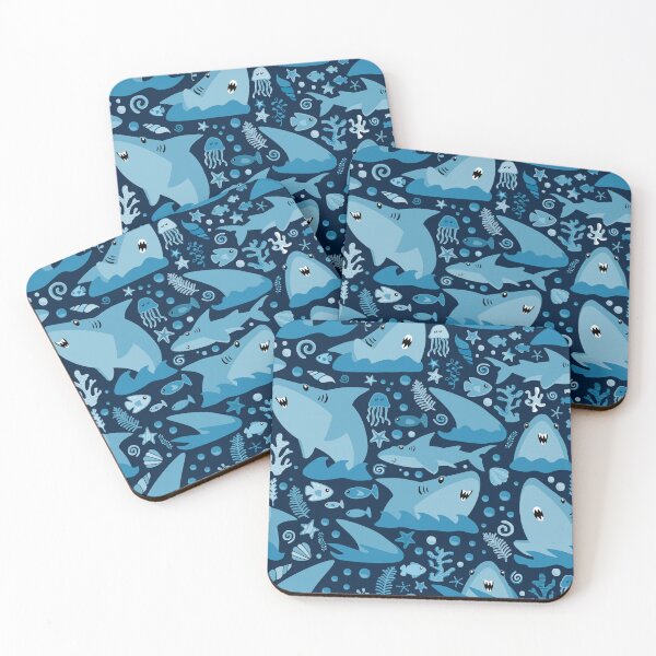 Artikelvorschau, Haibiss monochromatische Blauhaie auf Dunkelblau entworfen und verkauft von SamAnnDesigns.