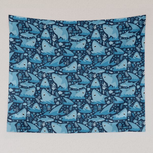 Artikelvorschau, Haibiss monochromatische Blauhaie auf Dunkelblau entworfen und verkauft von SamAnnDesigns.