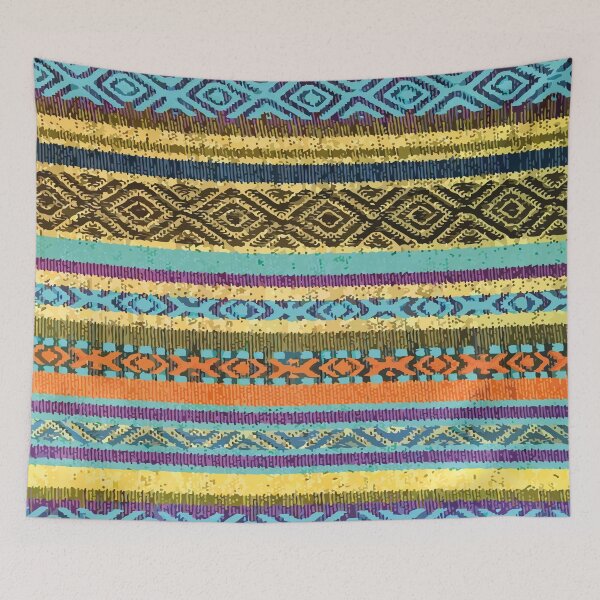 Item preview, Mexican embroidered blanket handwoven folk art vibrant yellow stripes poncho textile   designed and sold by T-Mex.