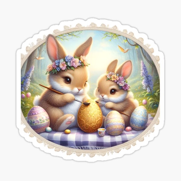 Item preview, Adorable Easter Bunnies paint Eggs in a Field of Flowers designed and sold by DreamyEscapism.