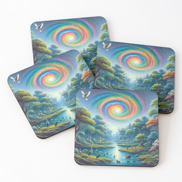 Item preview, Swirling Peaceful Rainbow Sky with Birds with a river flowing through designed and sold by Emoji Emblems.