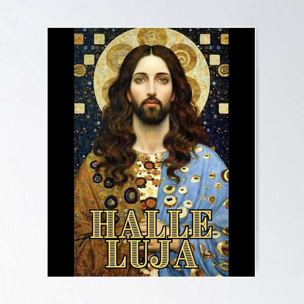 Artikelvorschau, Jesus Christus sagt Halleluja (auf Deutsch) im niedlichen Gustav Klimt Stil Geschenk für Christen entworfen und verkauft von thankful-loco.