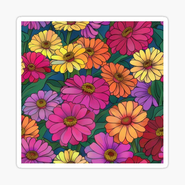 Bright happy colourful zinnias pattern Sticker