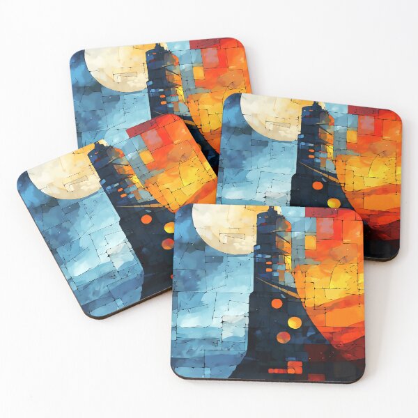 Item preview, Abstract painting starship on moon in bright colors, layered geometric square shapes, cinematic art designed and sold by Gabi.Media.