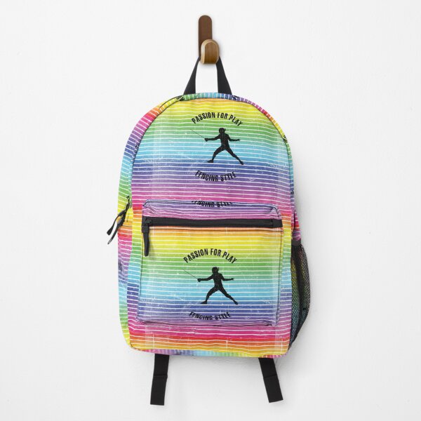 Item preview, Black silhouette of fencer against the background of rainbow stripes designed and sold by HarridanCreates.