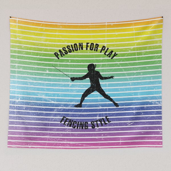 Item preview, Black silhouette of fencer against the background of rainbow stripes designed and sold by HarridanCreates.