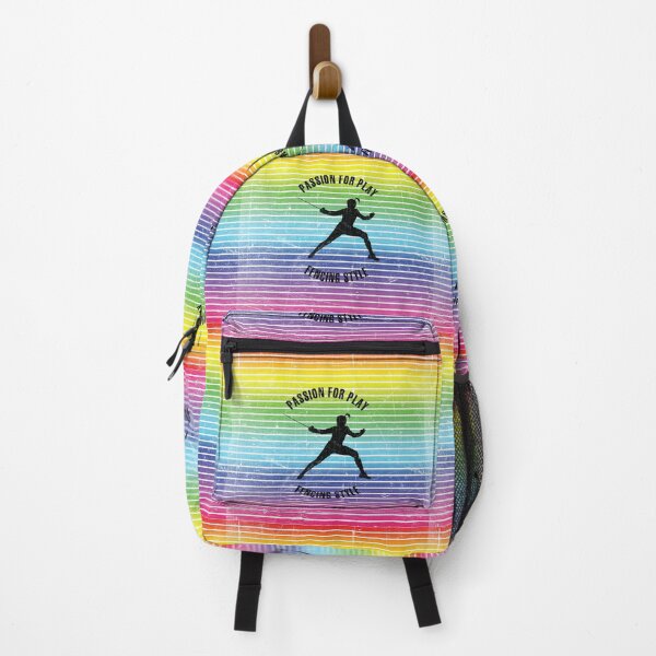 Item preview, Black silhouette of female fencer against the background of rainbow stripes designed and sold by HarridanCreates.