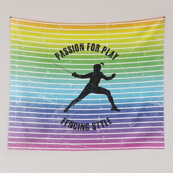 Item preview, Black silhouette of female fencer against the background of rainbow stripes designed and sold by HarridanCreates.