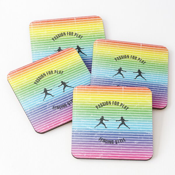 Item preview, Black silhouettes of fighting fencers against the background of rainbow stripes designed and sold by HarridanCreates.
