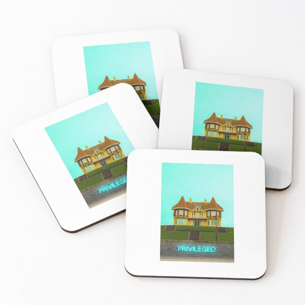 Item preview, photo of a yellow art deco house with the word privileged in blue neon letters designed and sold by twinklepod.