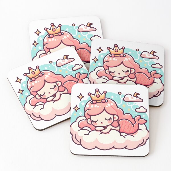 Item preview, Kawaii Bubbly Siren Sleeping On A Floating Cloud With Coral Tiara designed and sold by CanvasCutie.