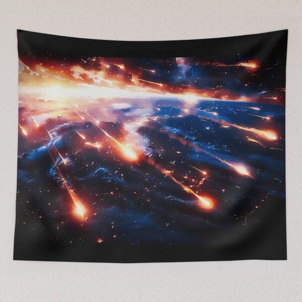 Item preview, Abstract painting of the earth with meteors soaring above it in the style of war scenes depicting a unique and intense action scene in space, cinematic art designed and sold by Gabi.Media.