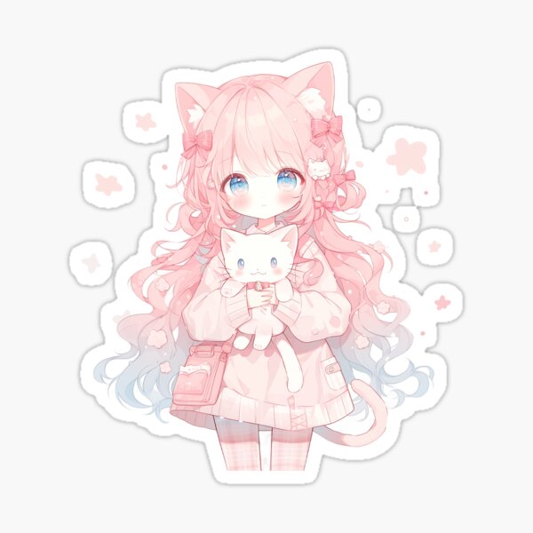 Cute Chibi Anime Cat Girl With Cats | Sticker