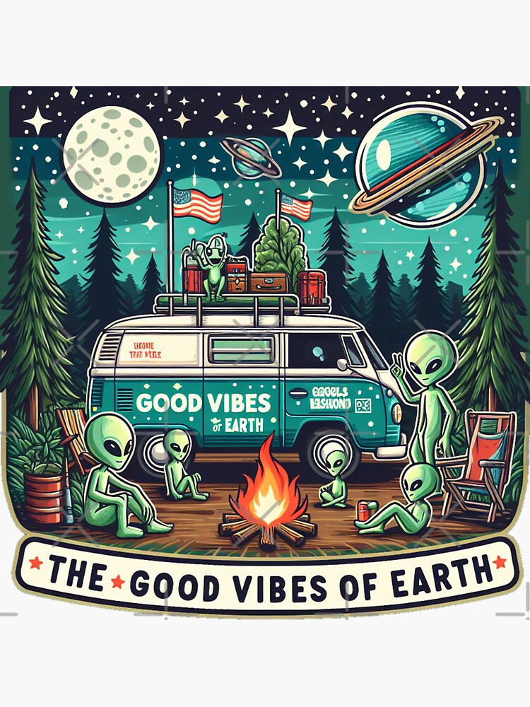 Thumbnail 3 of 3, Sticker, Aliens camping in earth with good vibes designed and sold by Coollzone.