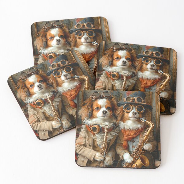 Item preview, Two Papillon dogs in steampunk style with a saxophone. designed and sold by IrinaMinevich.