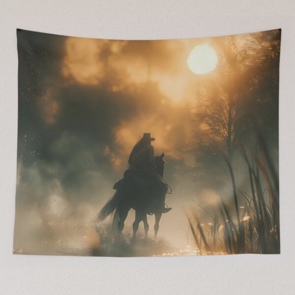 Item preview, Portrait of a rider in the mist at setting sun designed and sold by Fantasyplus.