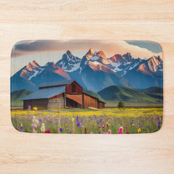Item preview, Barn Surrounded By Wildflowers And Snowcapped Mountains designed and sold by thespecialtyhub.