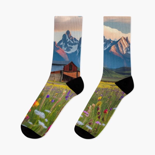 Item preview, Barn Surrounded By Wildflowers And Snowcapped Mountains designed and sold by thespecialtyhub.