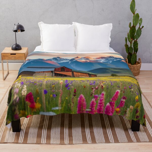 Item preview, Barn Surrounded By Wildflowers And Snowcapped Mountains designed and sold by thespecialtyhub.