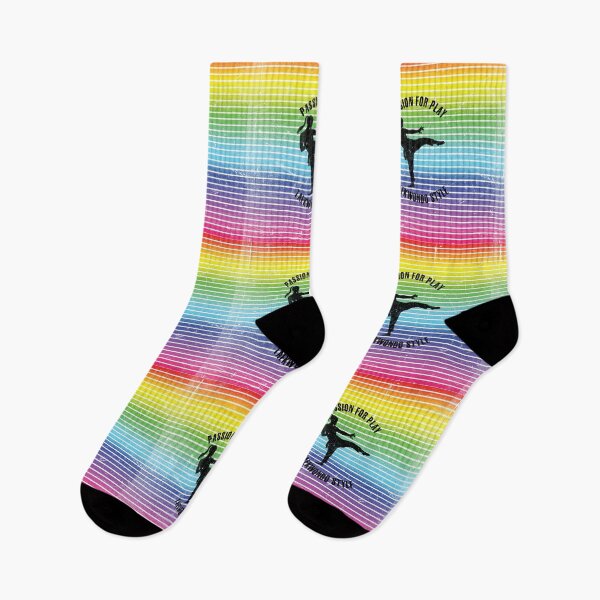 Item preview, Black silhouette of a woman practicing taekwondo against the background of rainbow stripes designed and sold by HarridanCreates.