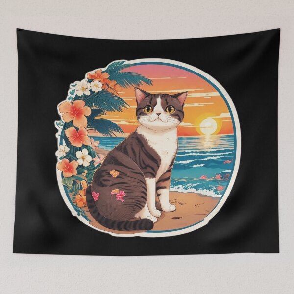 Item preview, Sunset Beach Cat by The Ocean with Hawaii Orchids designed and sold by NautiChic.