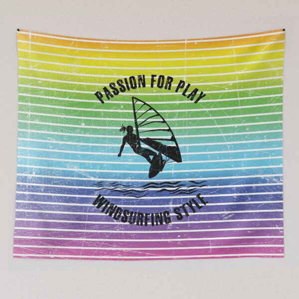 Item preview, Black silhouette of a female windsurfer against the background of rainbow stripes designed and sold by HarridanCreates.