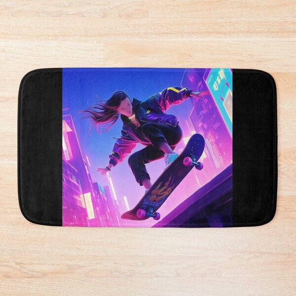 Item preview, Skateboarding Silhouette Against Neon Skies: The City at Her Feet designed and sold by KACTUSNZ.