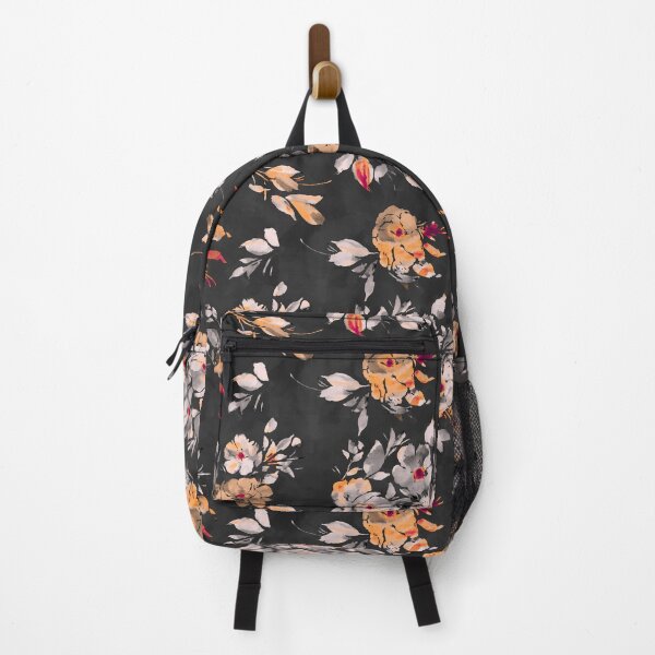 Item preview, peach and coral petals floral pattern on black designed and sold by BonnyJeanArt.
