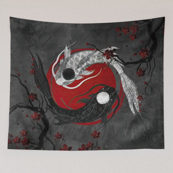 Item preview, Japanese Ying Yang Koi Fish and Sakura Red & Gray designed and sold by momosstyle.
