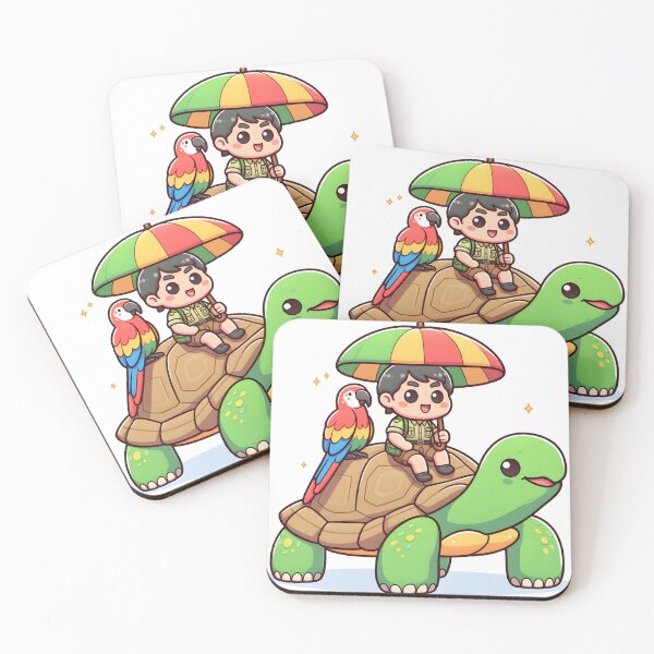 Item preview, Kawaii Zookeeper Riding On The Back Of A Giant Tortoise With A Colorful Parrot Umbrella designed and sold by CanvasCutie.