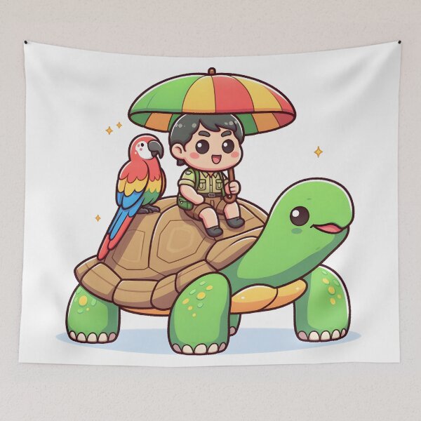 Item preview, Kawaii Zookeeper Riding On The Back Of A Giant Tortoise With A Colorful Parrot Umbrella designed and sold by CanvasCutie.