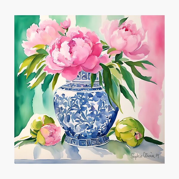 Item preview, Pink peonies in ginger jar designed and sold by SophieClimaArt.