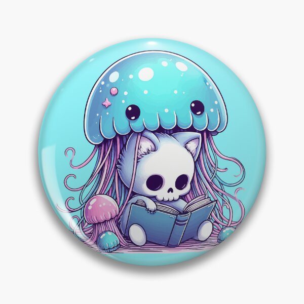 Item preview, Kawaii Skeleton Kitten With Jellyfish Reading Book designed and sold by TomFrontierArt.