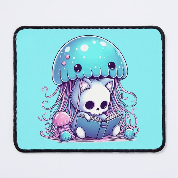 Item preview, Kawaii Skeleton Kitten With Jellyfish Reading Book designed and sold by TomFrontierArt.